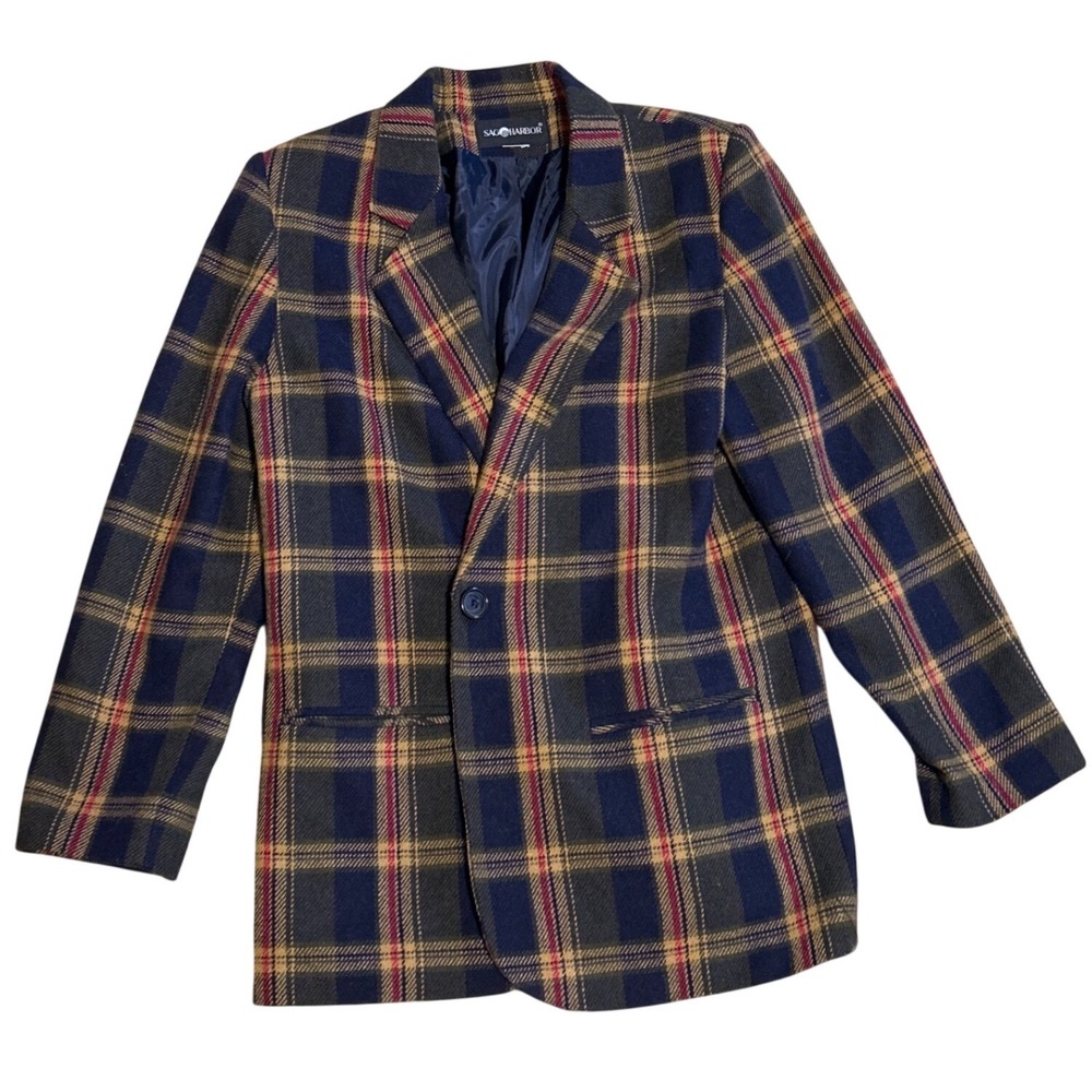 Sag Harbor Womens Plaid Blazer Jacket Navy Tan Red 1 Button Classic Lined 21x32